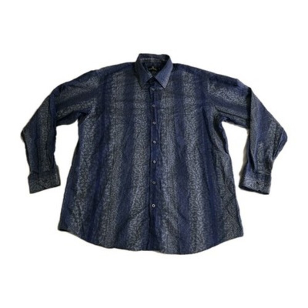 Bugatchi Button Down Dress Shirt Navy Blue Floral Leaf AOP Print Long Sleeve Men
